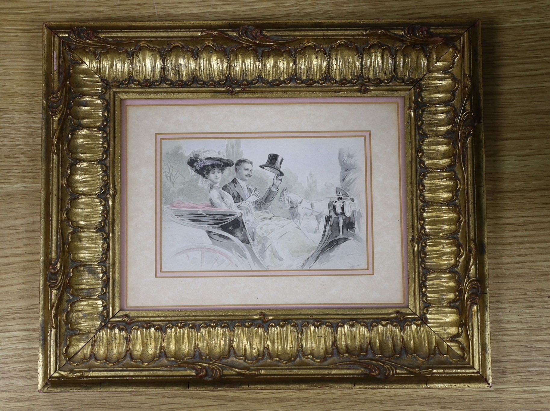 An Edwardian hand tinted print of figures in a carriage, in ornate gilt frame, 9 x 13.5cm